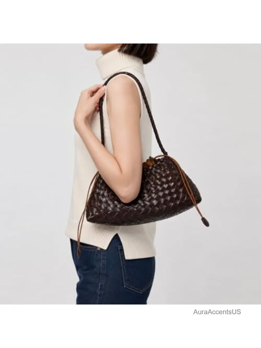 Vegan Leather Woven Shoulder Bag with Drawstring Pouch, Slouchy Tote